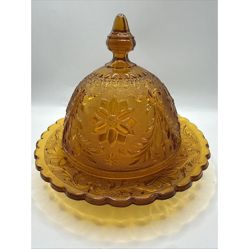 Tiara Amber Sandwich Indiana Covered Lidded‎ ROUND DOMED BUTTER CHEESE DISH